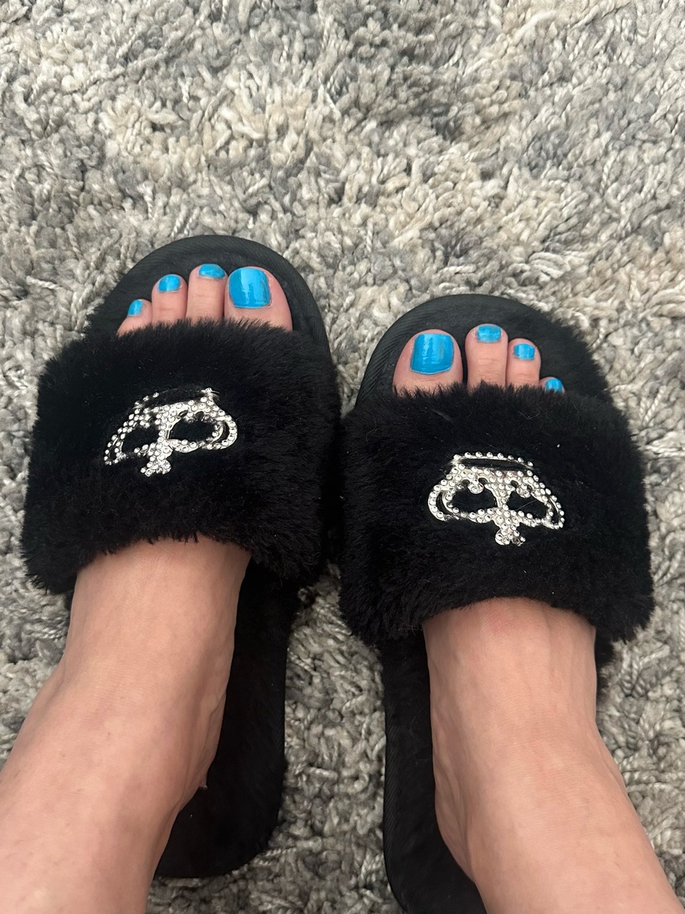 Juicy Couture Black Faux Fur Crystal Logo Slide Slippers